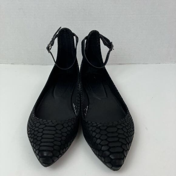 Joie Sz 9 Temple Black Embossed Leather Ankle Wrap Ballet Flats Pointed Toe - Picture 4 of 16